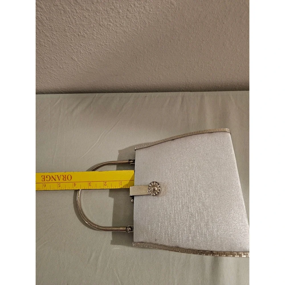 Silver Satin Evening Clutch Bag Rhinestone Greek Key Frame Formal Handbag
